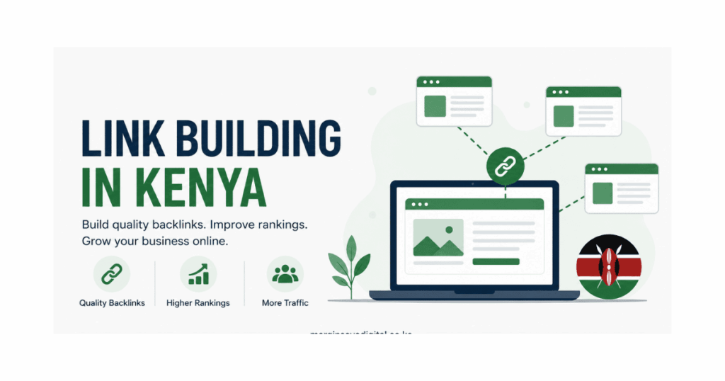 Link building in Kenya graphic showing SEO backlinks, website authority growth, and search ranking improvement for businesses