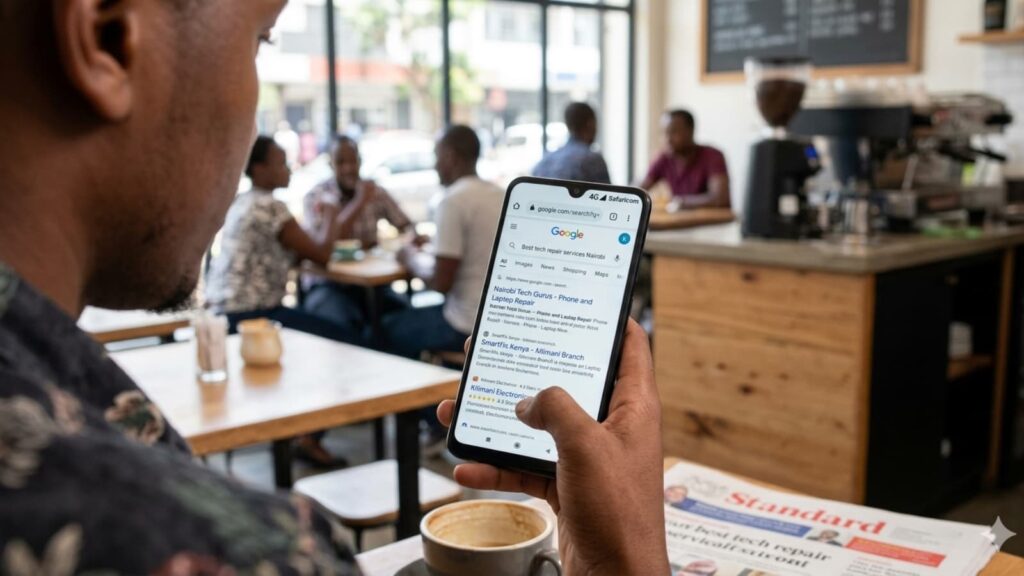 An over-the-shoulder perspective photograph focusing on a user's left hand actively scrolling through a Google Search result page on a smartphone, within a busy Nairobi cafe environment, illustrating mobile-first website design Kenya principles.