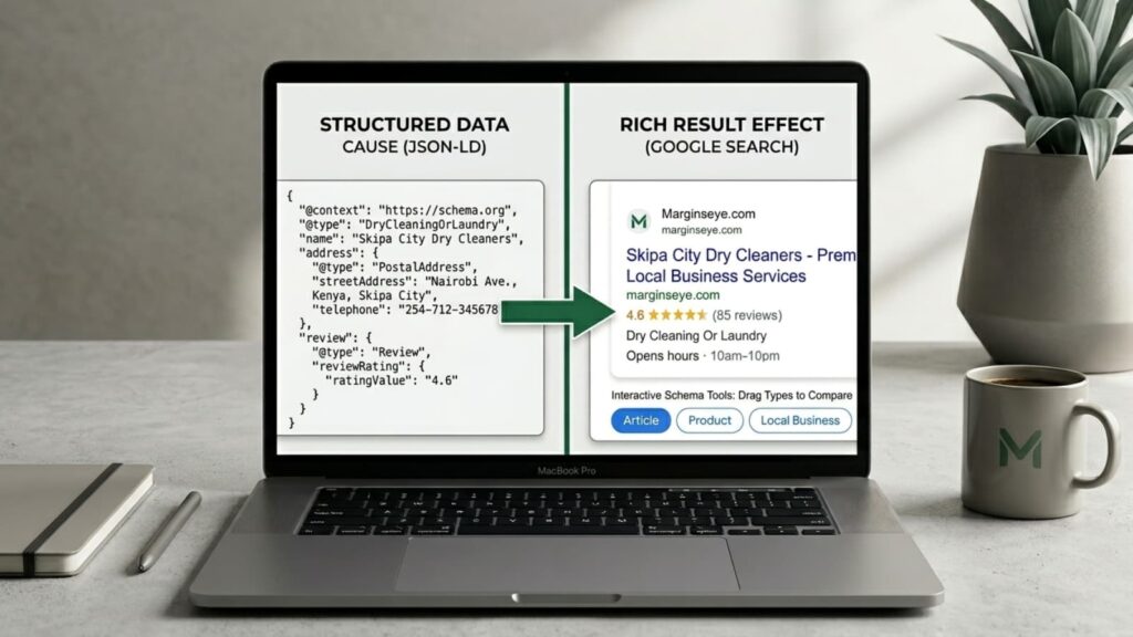 A clean flat-lay graphic of a laptop displaying the direct impact of schema markup for small business, showing raw JSON-LD LocalBusiness code on the left pointing via a green arrow to a live Google rich snippet with star ratings and local business details on the right.