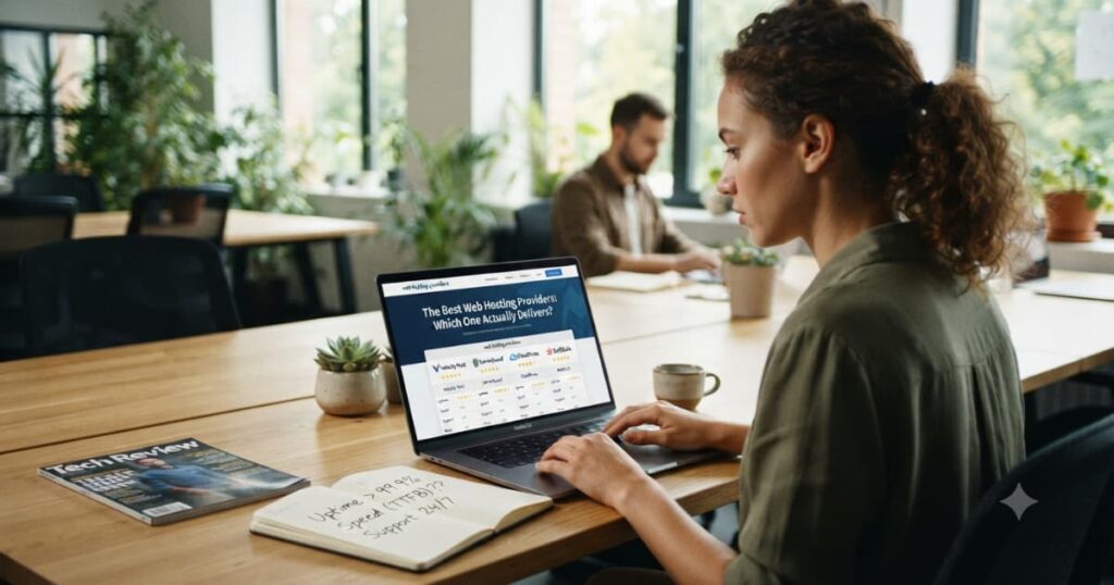 A focused woman in an office setting researches the best web hosting providers on her laptop, with a comparison table visible on screen.