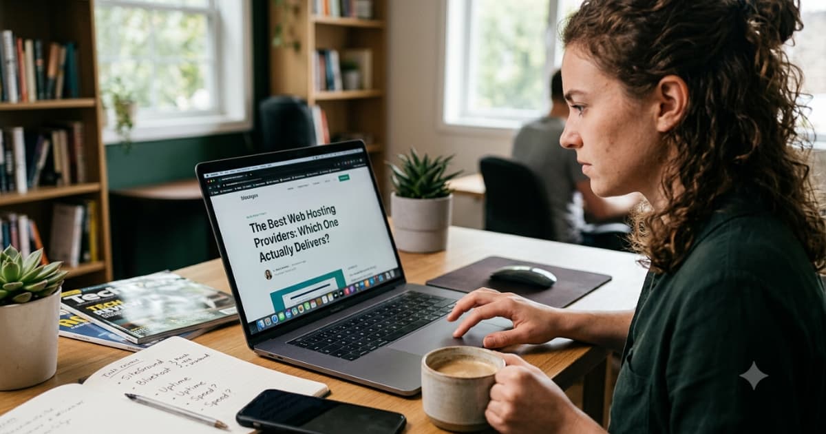 A woman sitting at a desk with a laptop displaying a blog titled "The Best Web Hosting Providers," while reviewing written notes about uptime and speed comparison.
