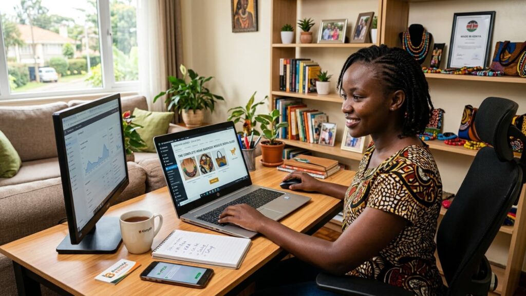 A close-up photograph of an open spiral notebook on a wooden desk, featuring handwritten notes detailing an alt tag and caption about a woman working on a local Kenyan e-commerce business.