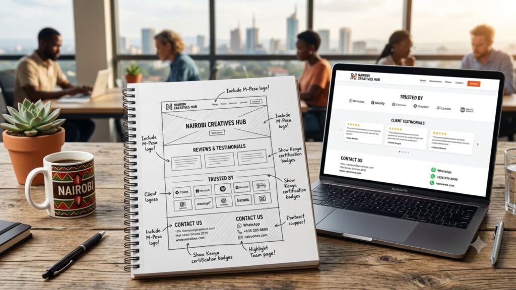 A spiral-bound notebook on a wooden desk with a hand-drawn website wireframe that has a large section titled "Nairobi Trust Signals Guide." Next to it is a laptop displaying a corresponding website. The background shows a modern Nairobi co-working space with large windows and other workers.