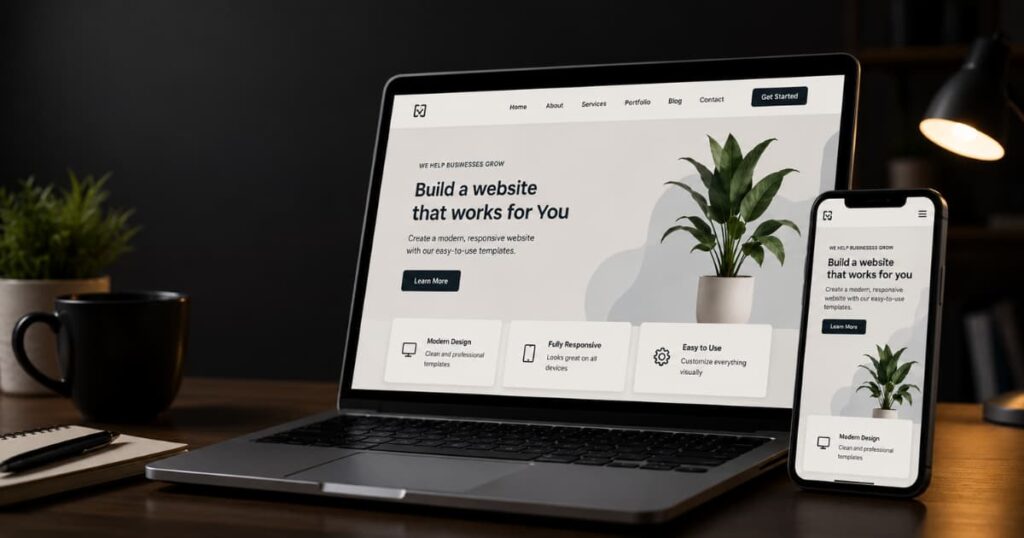 Modern laptop and smartphone displaying a responsive business website interface on a dark desk setup with soft ambient lighting.