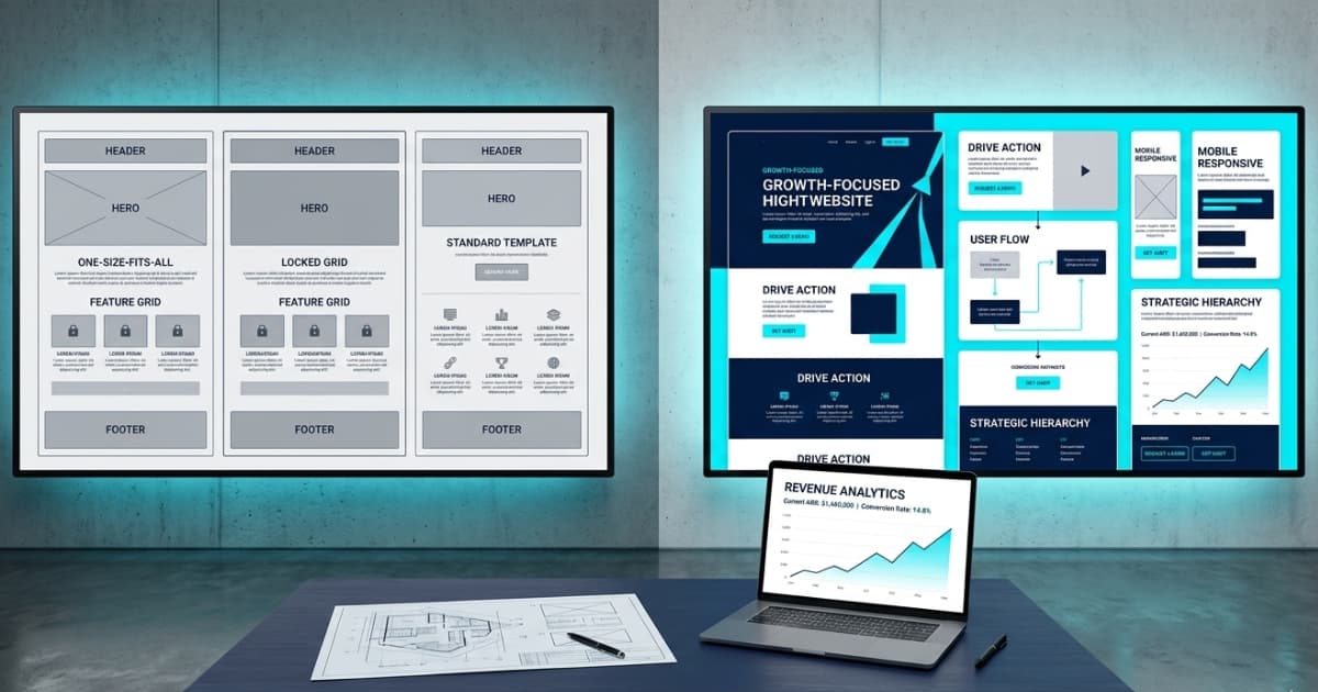A split-scene architectural layout illustrating website templates vs custom design, comparing a rigid grey template grid on the left with a dynamic navy and electric cyan custom layout on the right