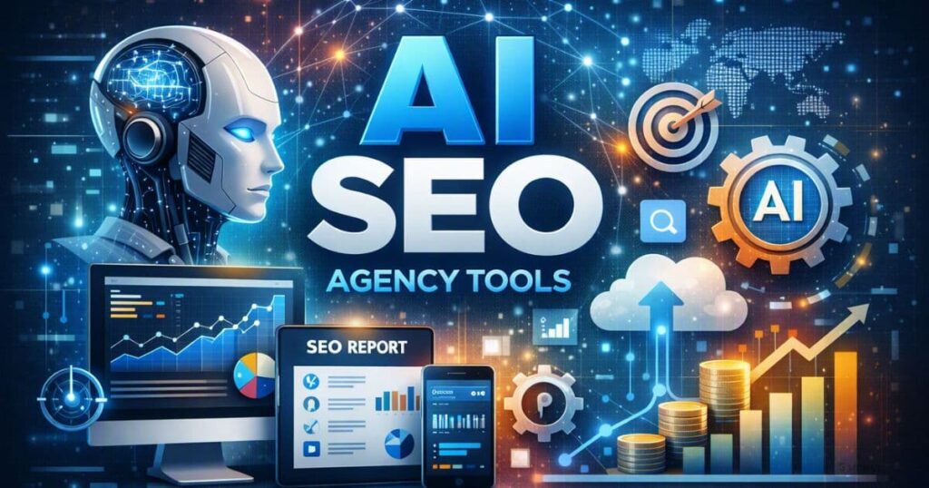 Digital illustration showing AI SEO tools for agencies with analytics dashboards, robot assistant, and white‑label reporting visuals