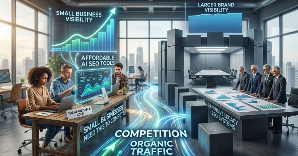 Split-screen conceptual visual illustrating small business owners using affordable AI SEO tools on one side, competing directly with enterprise executives utilizing legacy systems on the other, representing how AI SEO for small businesses bridges the competitive gap.