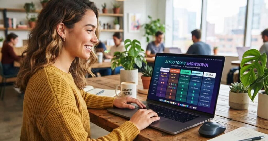 A smiling woman in a mustard sweater works on a laptop in a modern coworking space, viewing an AI SEO tools comparison dashboard titled 'AI SEO Tools Showdown' that displays side-by-side feature comparisons of Surfer SEO, Frase, Semrush, MarketMuse, and other tools.
