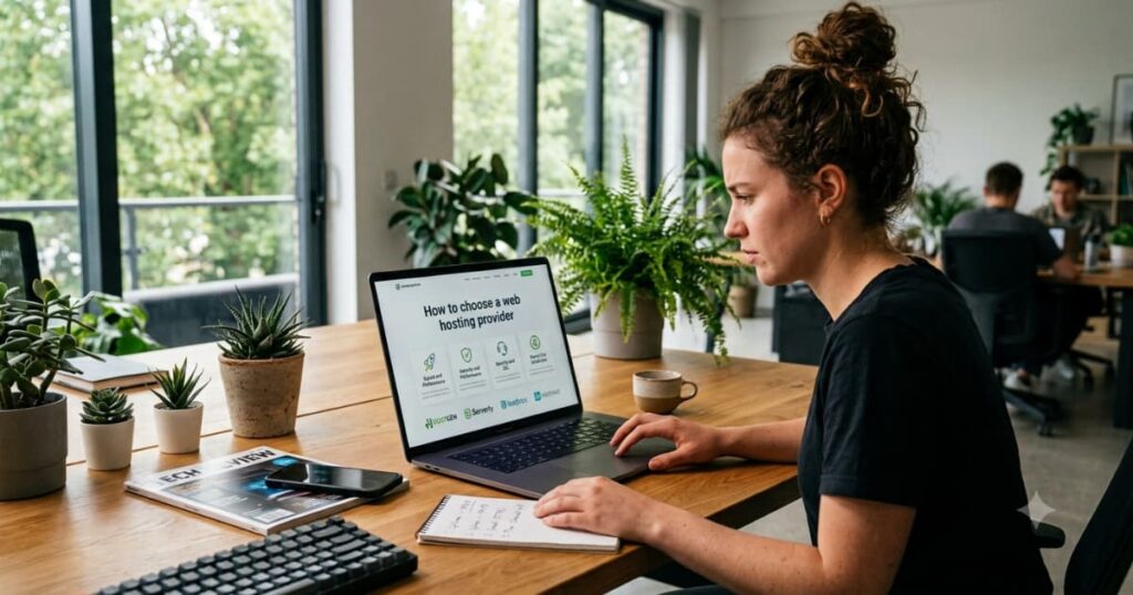 A woman sitting at a modern wooden desk looking at a laptop screen that outlines how to choose a web hosting provider, with comparison features like speed and security icons visible.