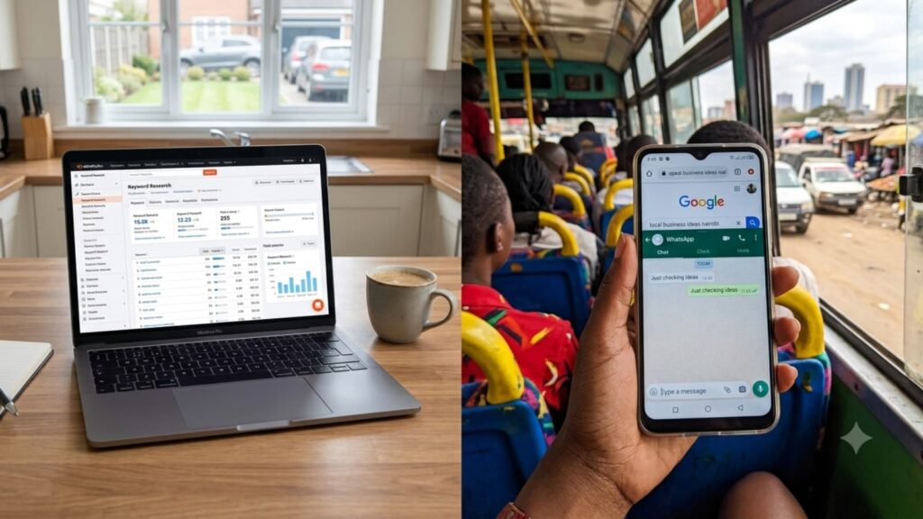 A split image contrasting a generic laptop displaying a Semrush analytics dashboard with a mobile phone screen inside a Nairobi matatu showing WhatsApp and Google searches, demonstrating how keyword research strategies vary across markets.