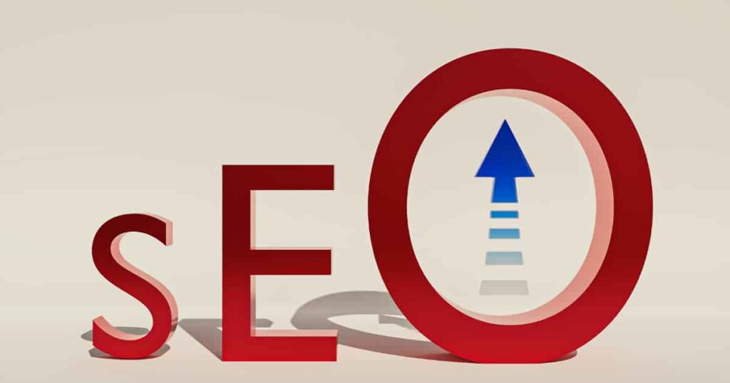 3D rendering of the letters "SEO" in bold red typography against a cream background, with the letter "O" containing a blue upward arrow symbolizing search ranking growth and optimization