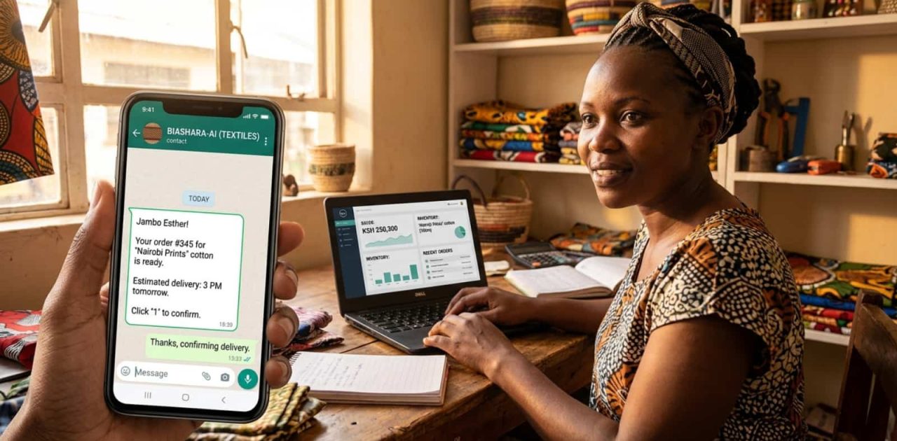 A Kenyan small business owner in her home textile workshop smiles as an automatic chat from an AI-powered assistant on her smartphone simplifies order management, illustrating how local entrepreneurs are integrating simple AI tools for small business.