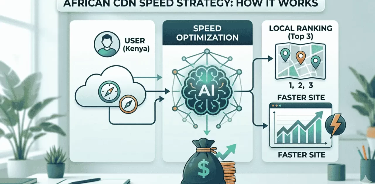 A simplified three-panel infographic explaining how configuring a Cloudflare CDN for African users routes web traffic through automated speed optimization networks to boost local search engine rankings and site performance metrics.