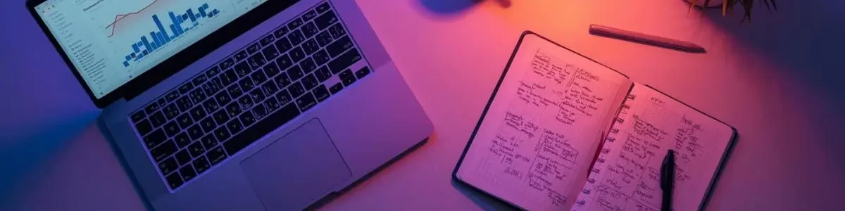 a setup for emcommerce marketing, a laptop pen notebook and a cup of coffee