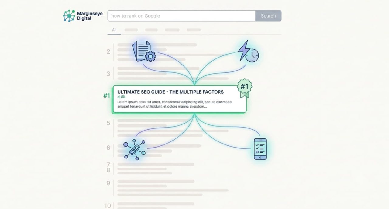 A clean, minimal illustration of a search engine results page displaying an optimized website snippet highlighted at the top position, with connected icons for content quality, page speed, backlinks, and mobile-friendliness visualizing how to rank on Google.