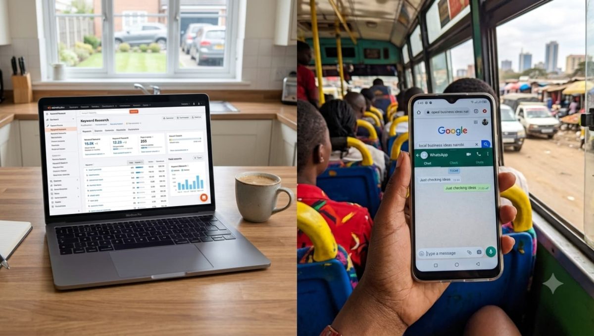 A split image contrasting a generic laptop displaying a Semrush analytics dashboard with a mobile phone screen inside a Nairobi matatu showing WhatsApp and Google searches, demonstrating how keyword research strategies vary across markets.