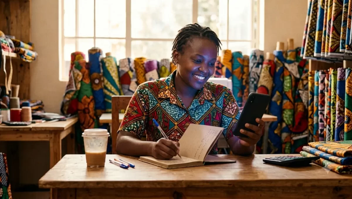 A smiling African small business owner sitting at a desk in her textile shop, writing in a notebook while holding a smartphone and performing keyword research for small business strategies.