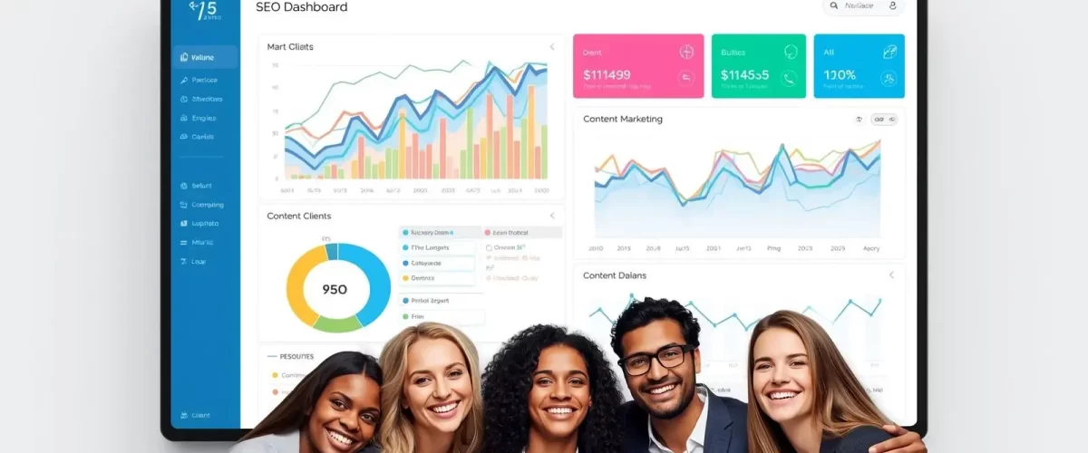 seo team with an seo dashboard at the back